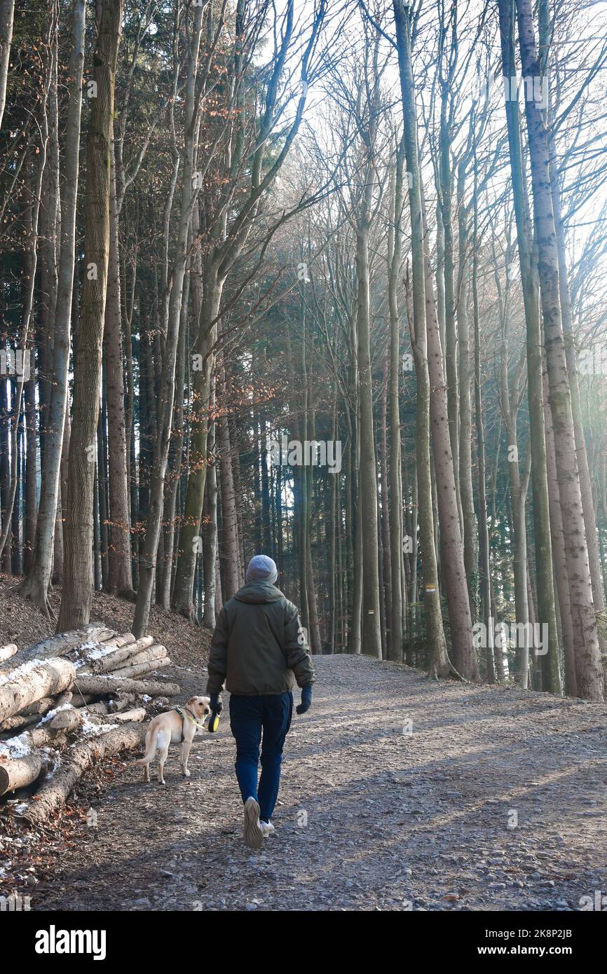 Ein Mann von hinten, der während der Schnee- und Wintersaison in den Bergen unterwegs ist Stockfoto