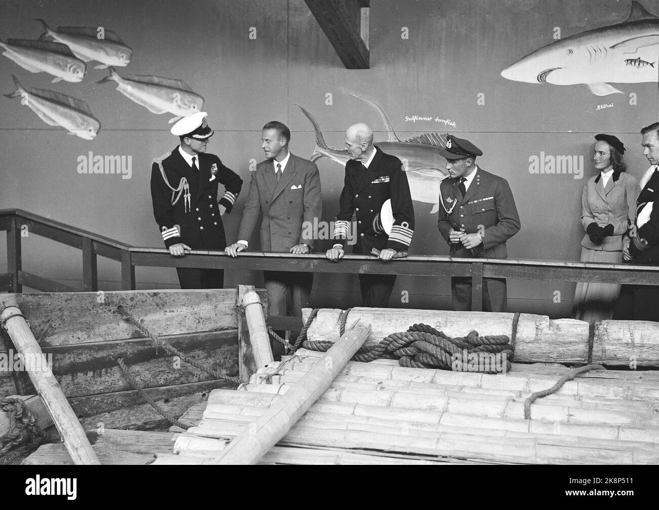 Bygdøy, Oslo 19520718. Der Herzog von Edinburgh Prinz Philip bei einem Besuch in Oslo. Prinz Philip (v.v.) zusammen mit Thor Heyerdahl und König Haakon im Kon-Tiki Museum in Bygdøy. FOTO: VALLDAL NTB / NTB Stockfoto Bygdøy, Oslo 19520718. Der Herzog von Edinburgh Prinz Philip bei einem Besuch in Oslo. Prinz Philip (v.v.) zusammen mit Thor Heyerdahl und König Haakon im Kon-Tiki Museum in Bygdøy. FOTO: VALLDAL NTB / NTB Stockfoto