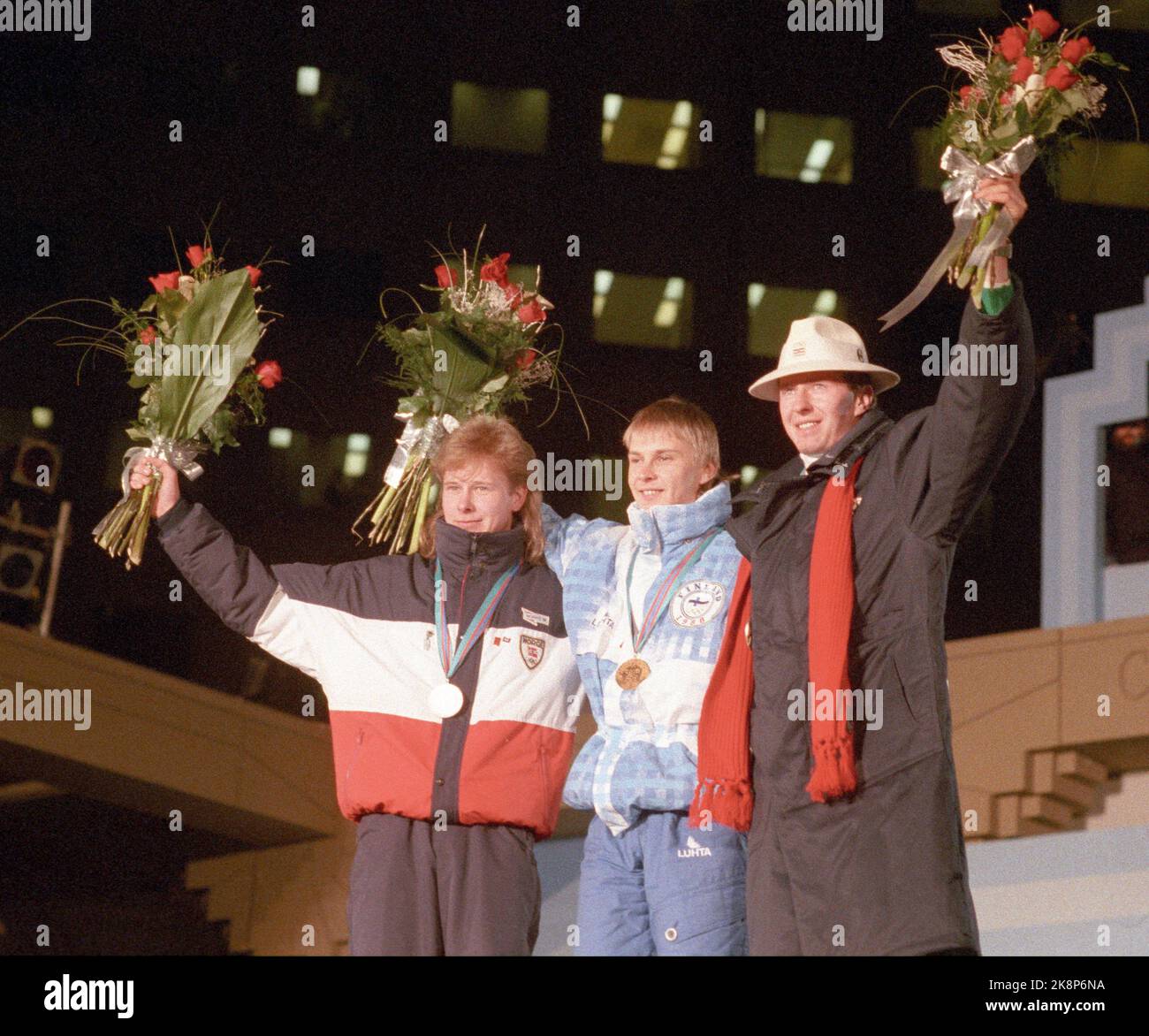 Calgary, Kanada 198802: Olympic Calgary 1988. Sprung - großer Hügel. Preisvergabe. Matti Nykänen (Fin/1), Erik Johnsen (NOR/2), Matjaz Debelak (Jug/3). Foto: Henrik Laurvik / NTB Stockfoto