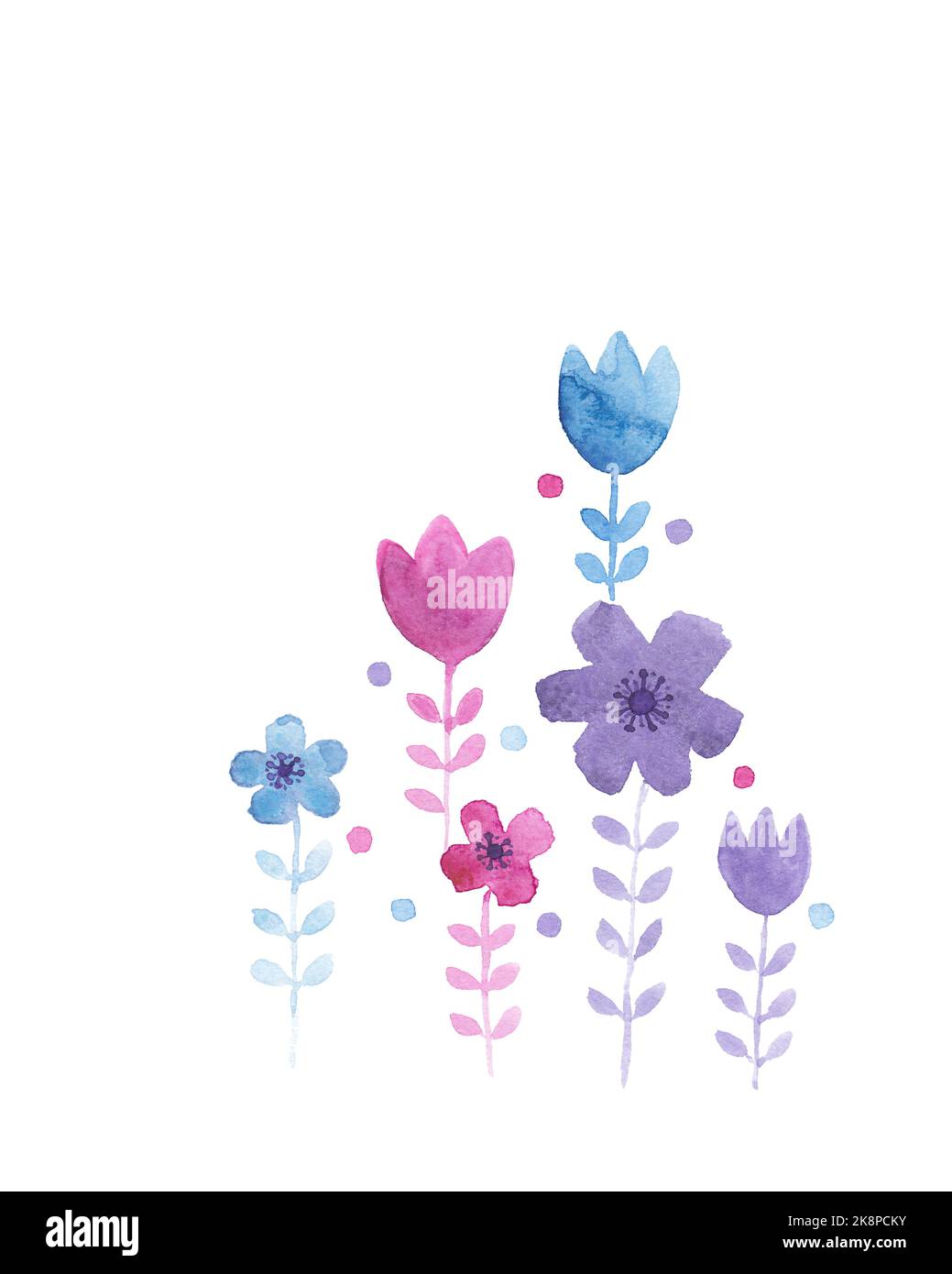 Aquarell abstrakte Blumen Malerei. Dekorative Blüten mit Stielen und Blättern. Rosa und blau einfache Aquarelle Blumen Kunstwerk. Stockfoto