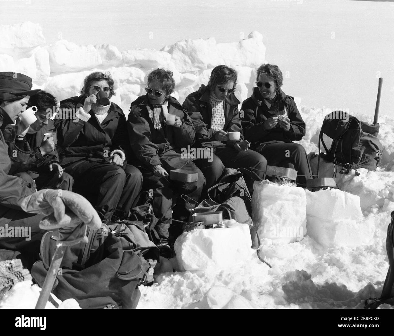 Finse 15. April 1961. Die dänische Prinzessin Margrethe ist mit dem Roten Kreuz-Hilfskorps im Winter in Norwegen unterwegs. Hier machen sie eine Pause. Die Prinzessin sitzt als # 2 von H. Foto: Ivar Azerud / Current / NTB Stockfoto
