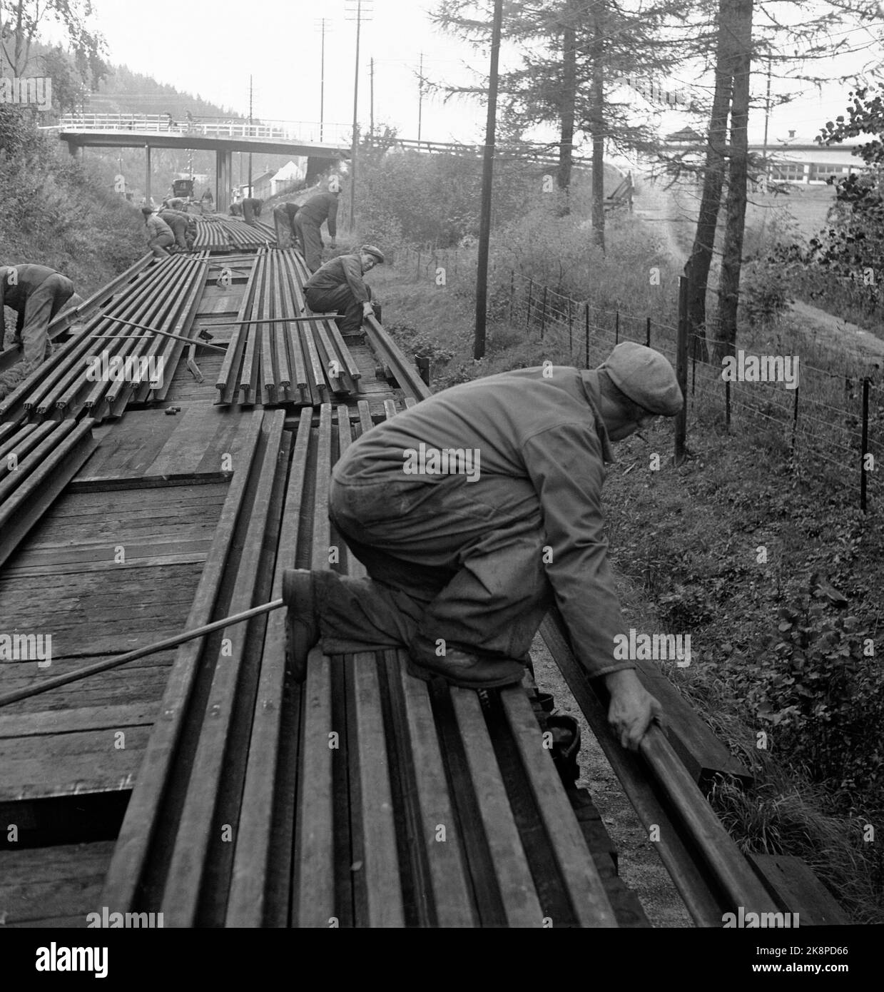 Vestfold September 1949: Die Arbeiten an der Vestfoldbanen-Eisenbahnlinie nähern sich ihrem Ende. Die Arbeiten laufen parallel zu den laufenden Zügen. Hier sind die Bahnarbeiter im Gleiszug dabei, Schienen auszulegen. Die Schienen wurden neun und neun zusammengehakt und vom Wagen gezogen, während der Eisenbahnzug vorwärts fuhr. Foto: Sverre A. Børretzen / Aktuell / NTB Stockfoto