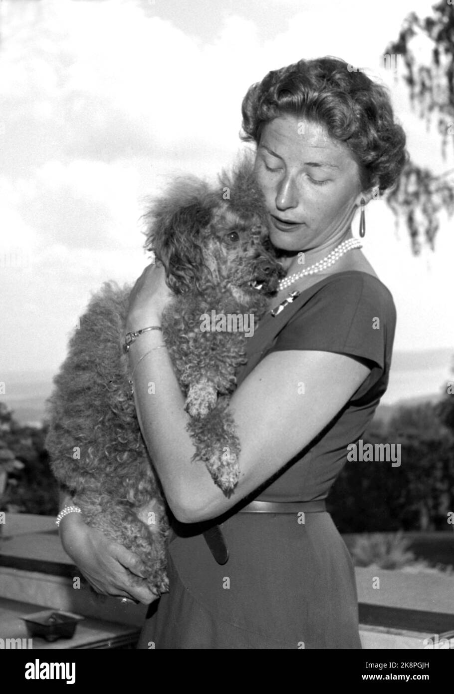 Skaugum 19560707. Prinzessin Est die erste Dame des Landes in Skaugum. Nach dem Tod ihrer Mutter Kronprinzessin Märtha hat die Prinzessin einen Großteil der offiziellen Repräsentationspflichten des Königshauses übernommen. Ihre großen Hobbys sind Gartenarbeit und Keramikarbeiten. Hier sehen wir Prinzessin Tau mit dem Korb des Hundes Tusse. Es gehört dem Kronprinzen, lebt aber auch in der Gesellschaft mit der Prinzessin gut. Foto: Sverre A. Børretsen / Aage Storløkken / Aktuell / NTB Stockfoto