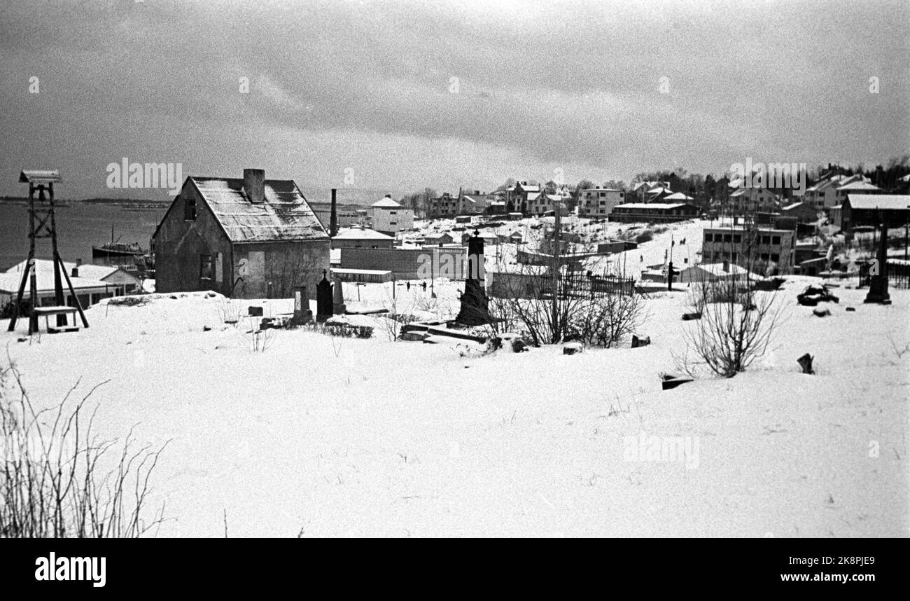 Erholung im Nordwesten Norwegens in Norwegen nach dem Krieg. Picture: Kriegszerstörung Molde. Auf einem Übersichtsfoto von Molde im Winter 1946 sind Teile der großen Zerstörung der Stadt nach dem Krieg zu sehen. NTB Stock Foto: Ernst, A.R.P.S. / Ntb Stockfoto