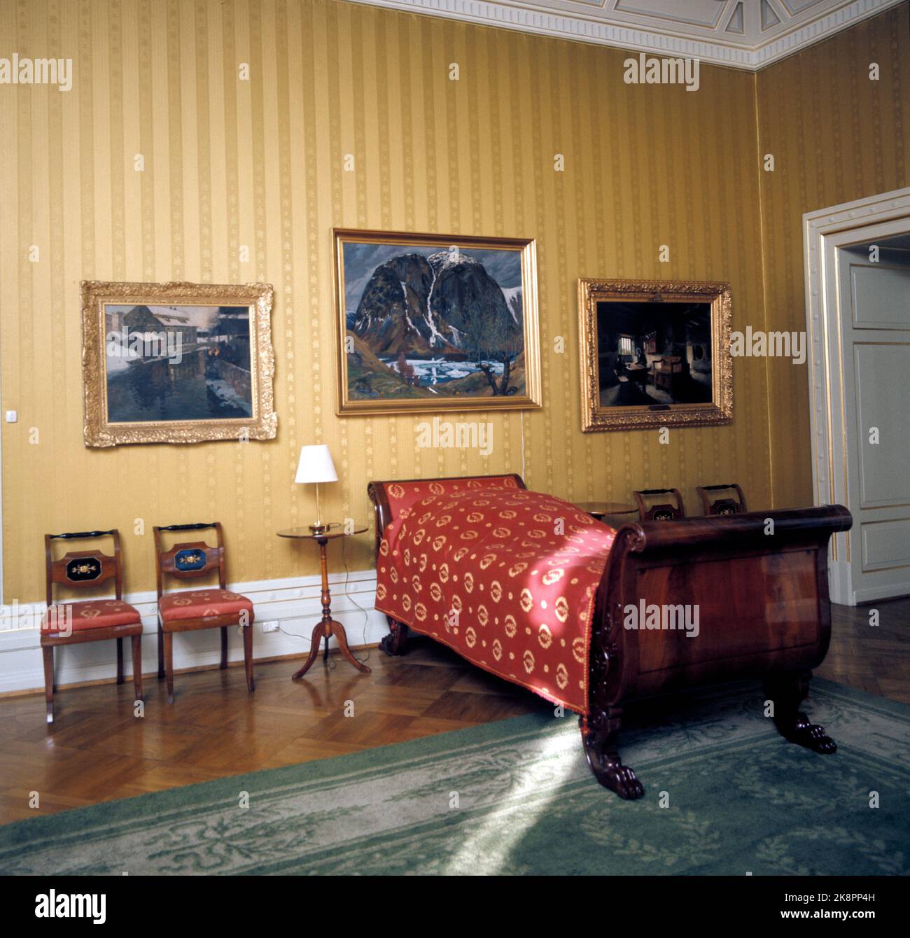 Oslo 1965: Interieur aus dem Yellow Guest Schlafzimmer / Apartment im königlichen Schloss. Foto: Erik Thorberg NTB / NTB Stockfoto