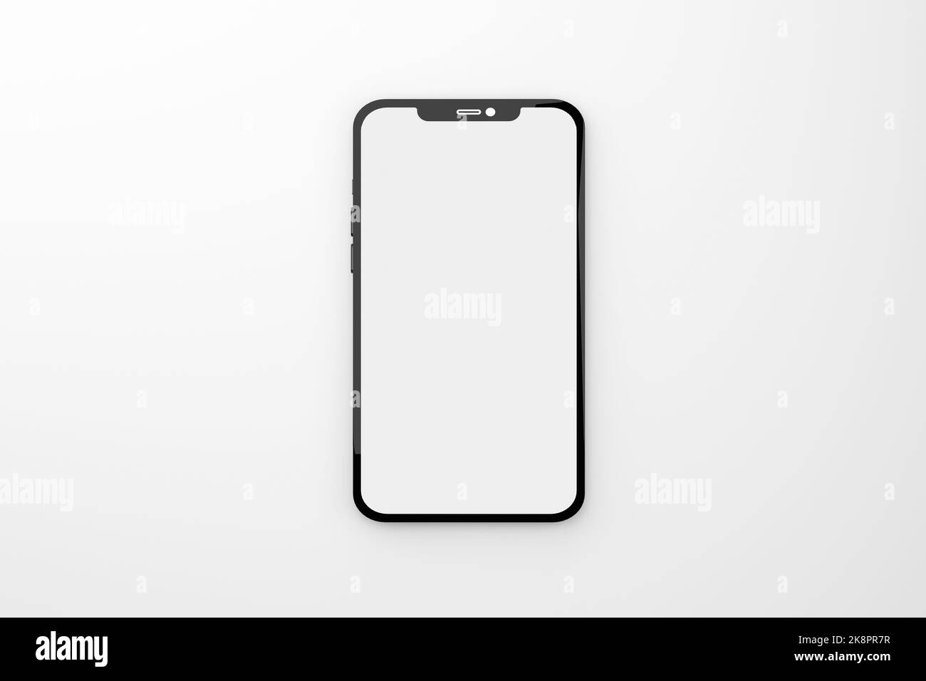 3D Render eines Smartphones mit leerem Bildschirm auf weißem Hintergrund. Stockfoto