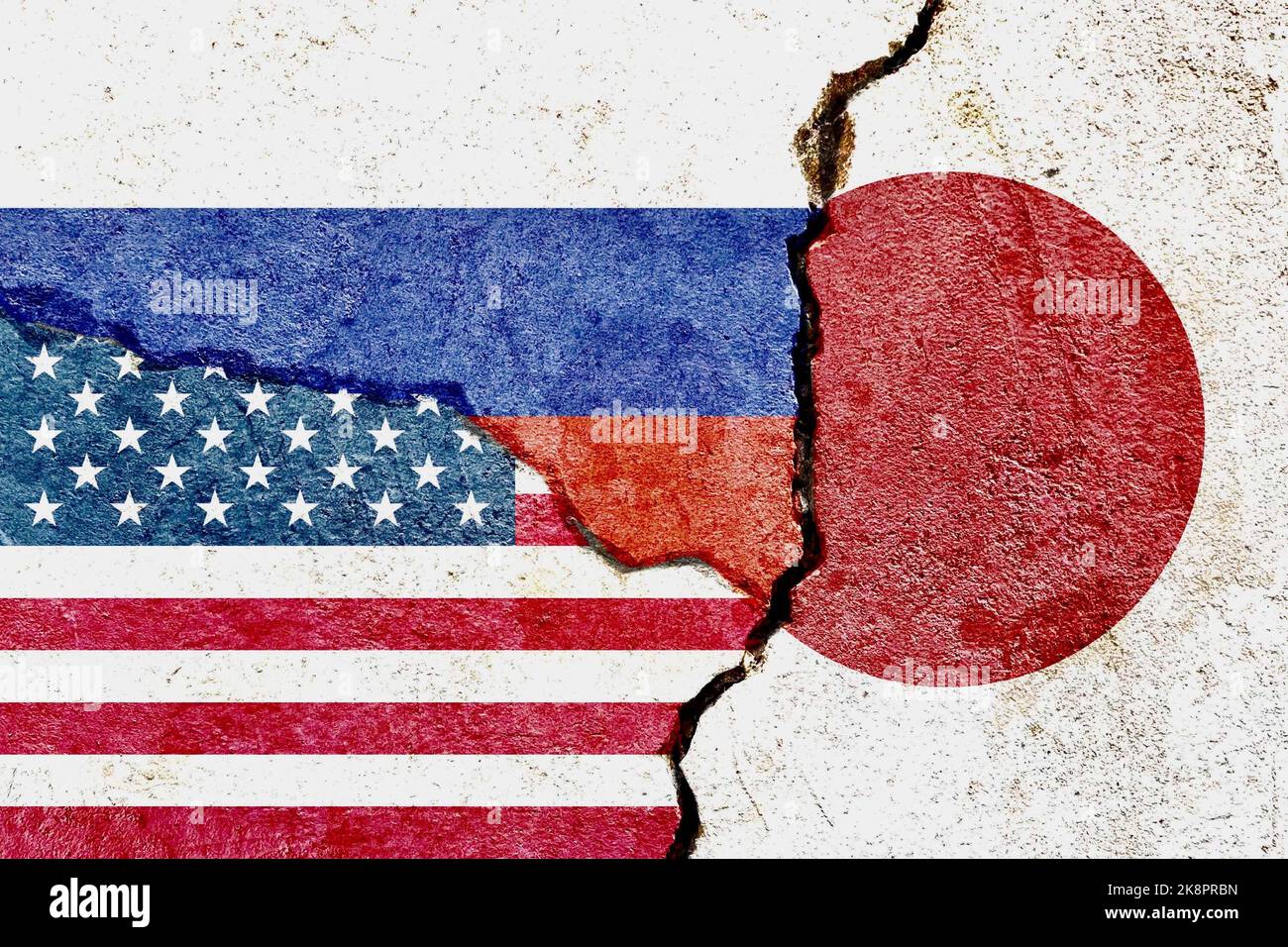 Eine Illustration der Nationalflaggen der USA, Japans und Russlands Stockfoto