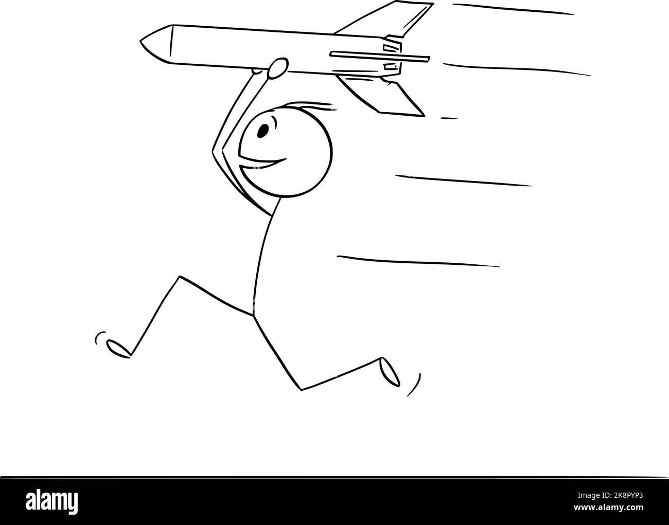 Person, die mit Raketen oder Raketen läuft, Vektor-Cartoon-Stick-Abbildung Stock Vektor
