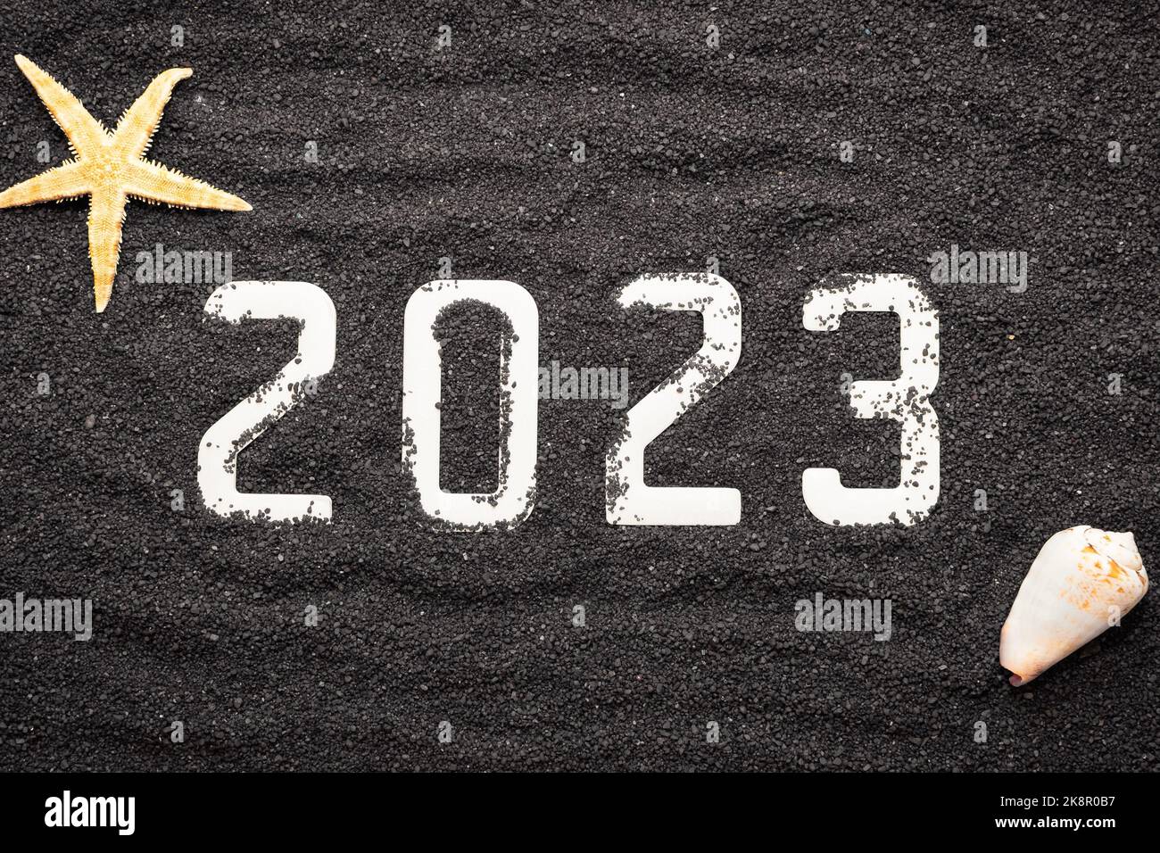 Frohes neues Jahr 2023 Konzept mit einer Schale und einem Seesterne. Winterurlaub in der Sonne. Stockfoto