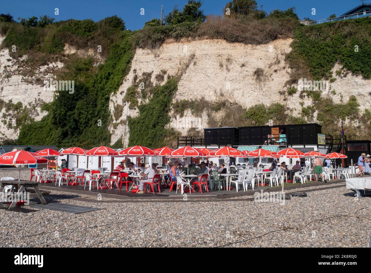 Strandcafe in Beer, Devon. Ducky's Beach Cafe am Kiesstrand von Beer, einem beliebten Fischerdorf in Devon. Stockfoto