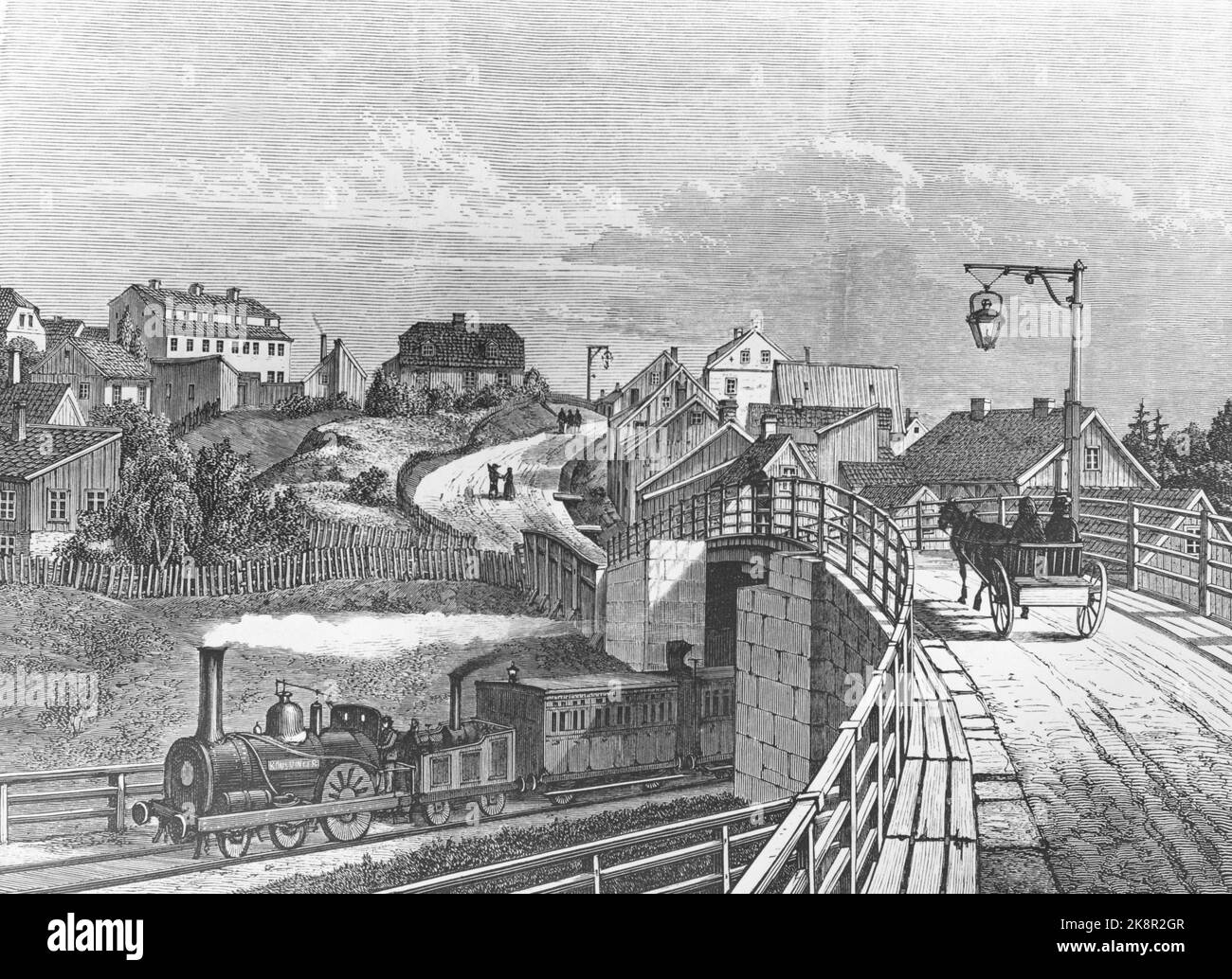 Oslo 19540901. Die Bahn feiert 1954 100 Jahre. NSB feiert sein 100.-jähriges Bestehen. Zeichnung aus der Kindheit der Eisenbahn. Die Lokomotive, wie sie unter der Brücke bei Galgeberg passiert, um 1854. Zeichnungen aus 'Illustrated Newsblad' und 'Almuevennen' / NTB Stockfoto