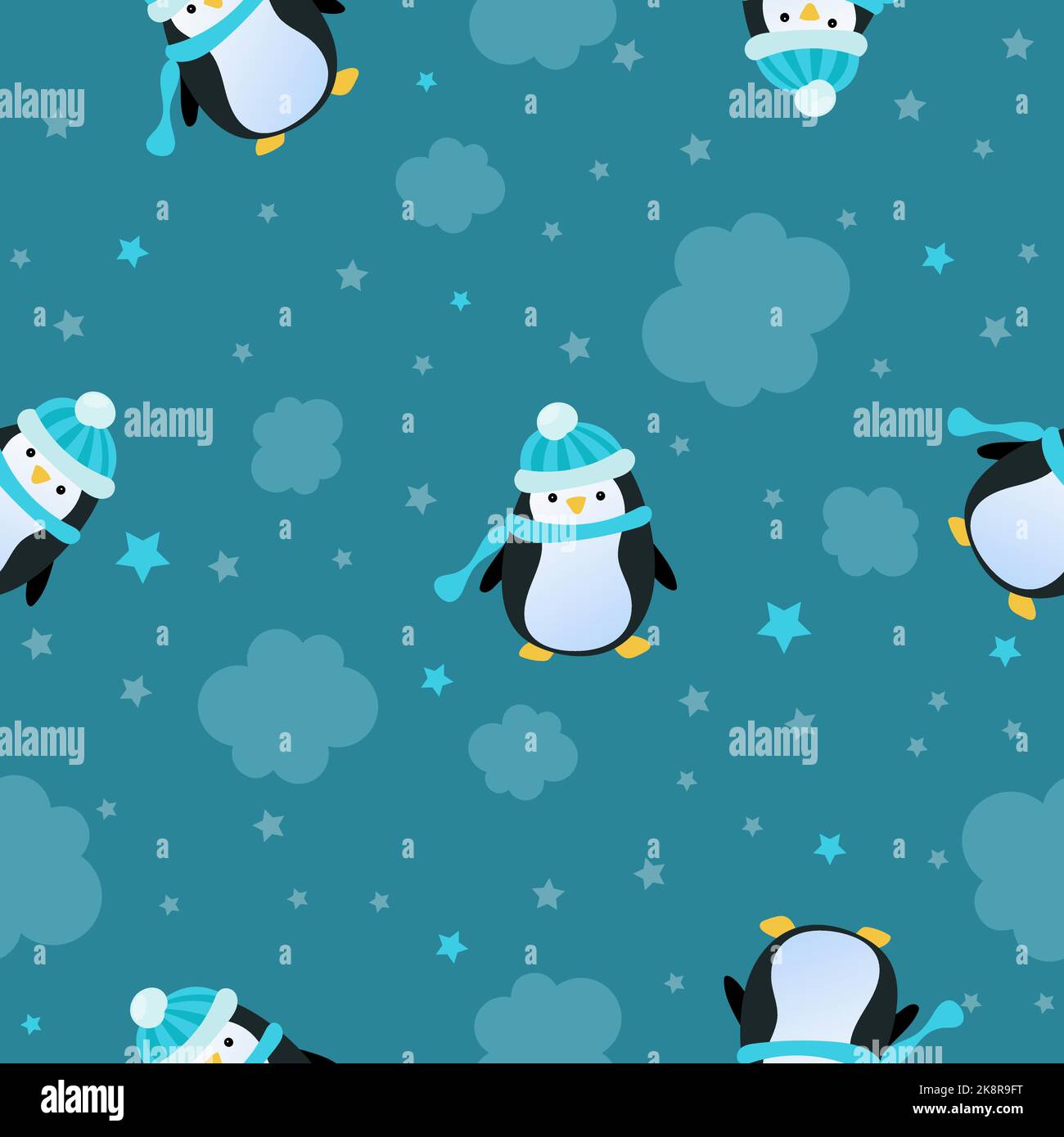 Nahtloses Muster mit niedlichem Pinguin im Cartoon-Stil. Vektorgrafik Stock Vektor