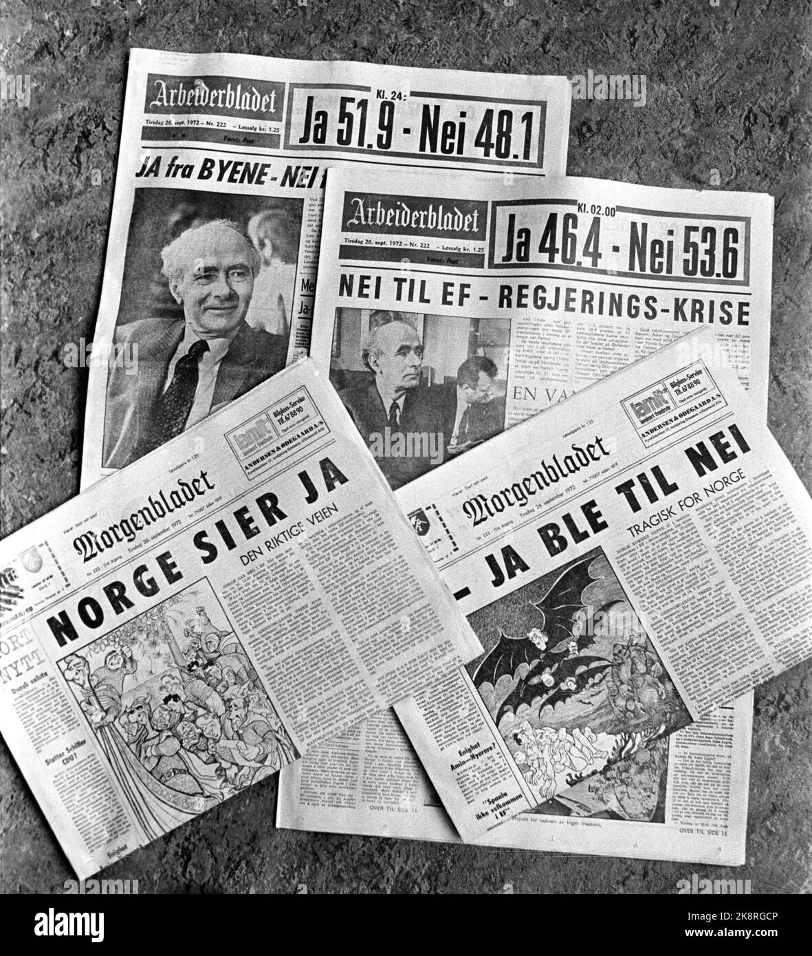 Oslo 19720926. Die Zeitungen am Tag nach dem Referendum über die norwegische Mitgliedschaft in der EWG / EG. Arbeiterbladet und Morgenavisen haben beide einen Blick auf den Ja- und den Nein-Sieg werfen und mussten die ersten Seiten ändern, während die Wahlergebnisse sich änderten. Foto NTB / NTB Stockfoto