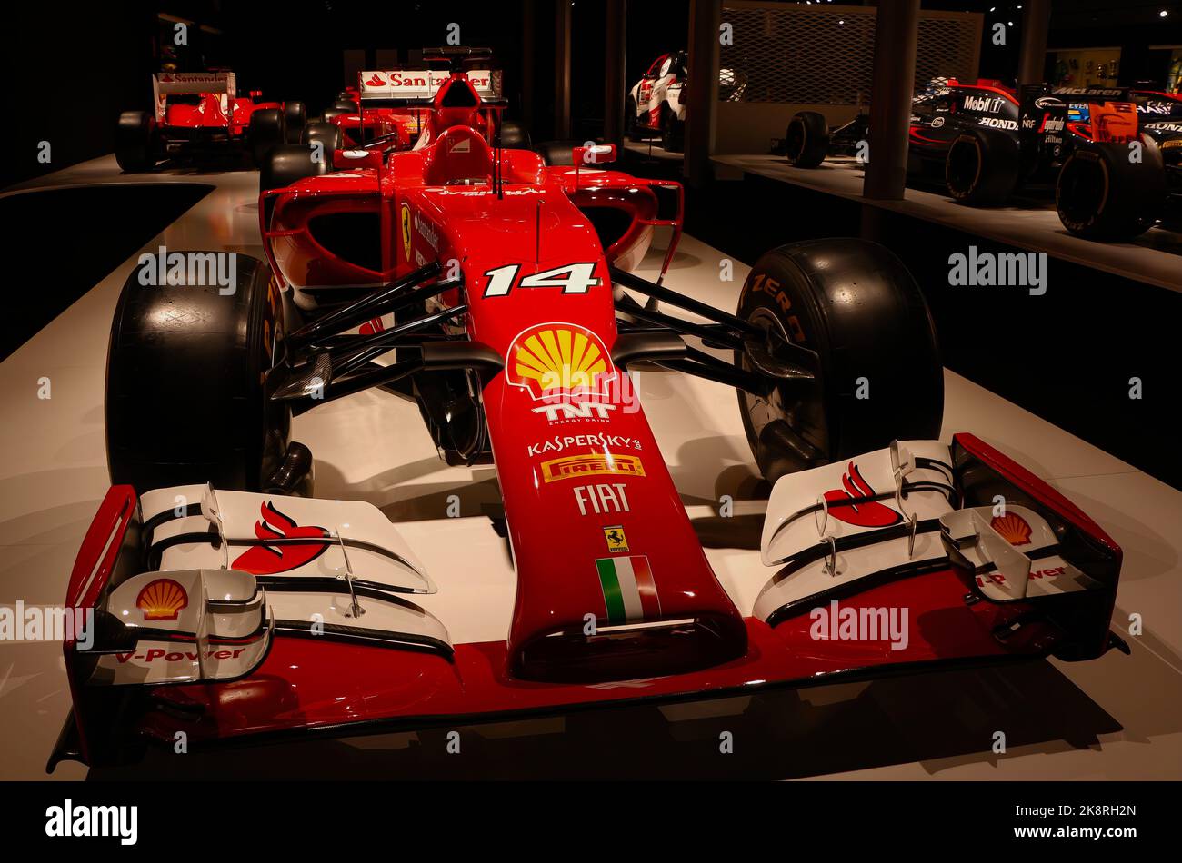 Fernando Alonsos Formel-1-Auto Ferrari F14 2014 wird im Museum and Circuit Oviedo Asturias Spanien ausgestellt Stockfoto