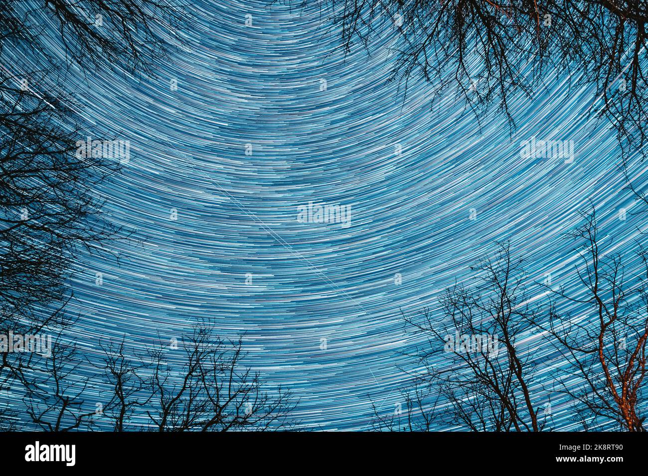 Erstaunliche Ungewöhnliche Sterne Effekte In Himmel. Abstrakte Sternenlinien bewegen sich im Himmel.Spin-Trails von Sternen über Baumkronen ohne Laub. Sky Star Bei Nacht Drehen Stockfoto
