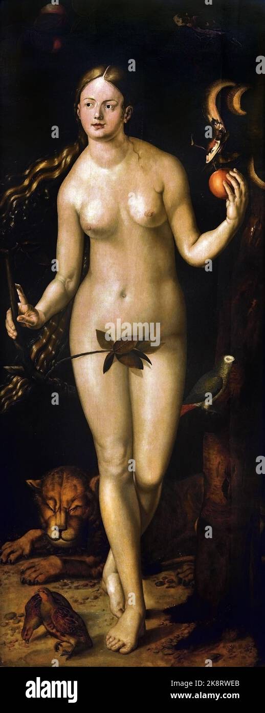 Adam und Eva von Hans Baldung (1484 oder 1485 – September 1545), genannt Hans Baldung Grien ), Florenz, Italien. Es handelt sich um eine Kopie eines Werkpaares zum gleichen Thema von Albrecht Dürer, das 1507 entstand. Stockfoto