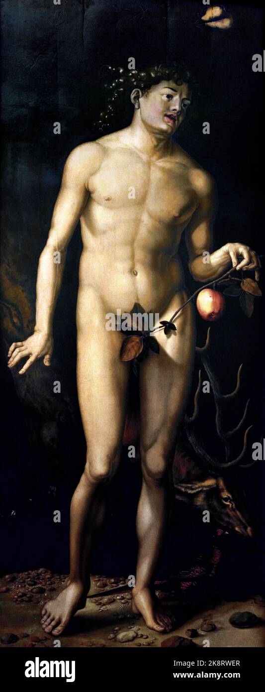 Adam und Eva von Hans Baldung (1484 oder 1485 – September 1545), genannt Hans Baldung Grien ), Florenz, Italien. Es handelt sich um eine Kopie eines Werkpaares zum gleichen Thema von Albrecht Dürer, das 1507 entstand. Stockfoto