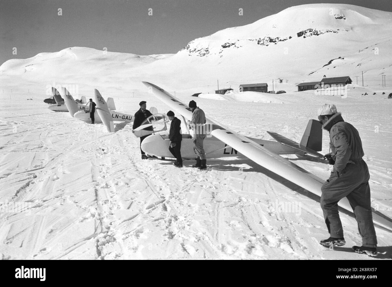 Eidsbugarden, Jotunheimen, 6. Mai 1961. Fünf Segelflugzeuge genießen sich in der Bergwelt. Zwei von ihnen landen auf dem Uranos-Gletscher, als die ersten Segelflugzeuge jemals auf einem Gletscher landeten. Als erster landet der dänische Möbelpolsterer Robert Nielsen aus Silkeborg. Der Norweger Bakkasserer, Bjarne Bergsund landet auf Platz 2. Die Segelflugzeuge warten darauf, hochgezogen zu werden. Foto; Ivar Aaserud / NTB Stockfoto