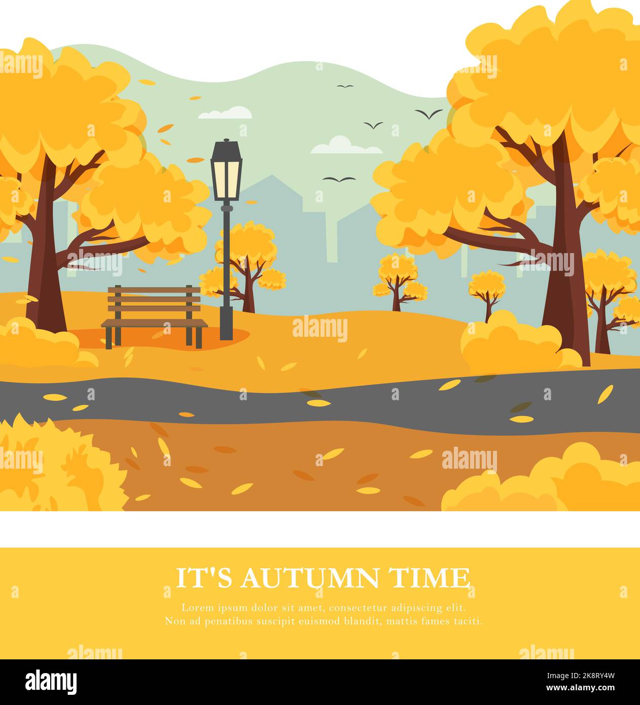 Postkartenvorlage mit städtischer Herbstlandschaft - Bäume im Park, eine Bank und eine Laterne, gefallene Blätter und ein Panorama der Stadt. Vektorzeichnung. Fotolia Stock Vektor