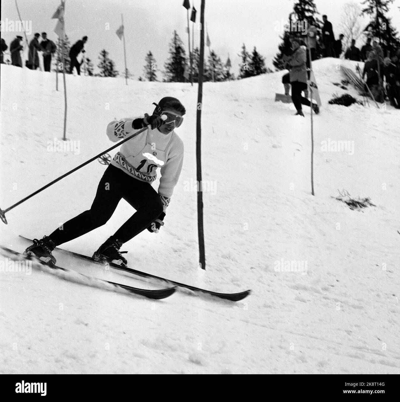 Oslo 19580313 Holmenkollen, alpin. Die norwegische Inger Bjørnbakken in Aktion im Slalom, wo sie Gold holte. Foto: NTB / NTB HINWEIS: Werbung auf der Startnummer wird auf den Negativen gelöscht. Stockfoto