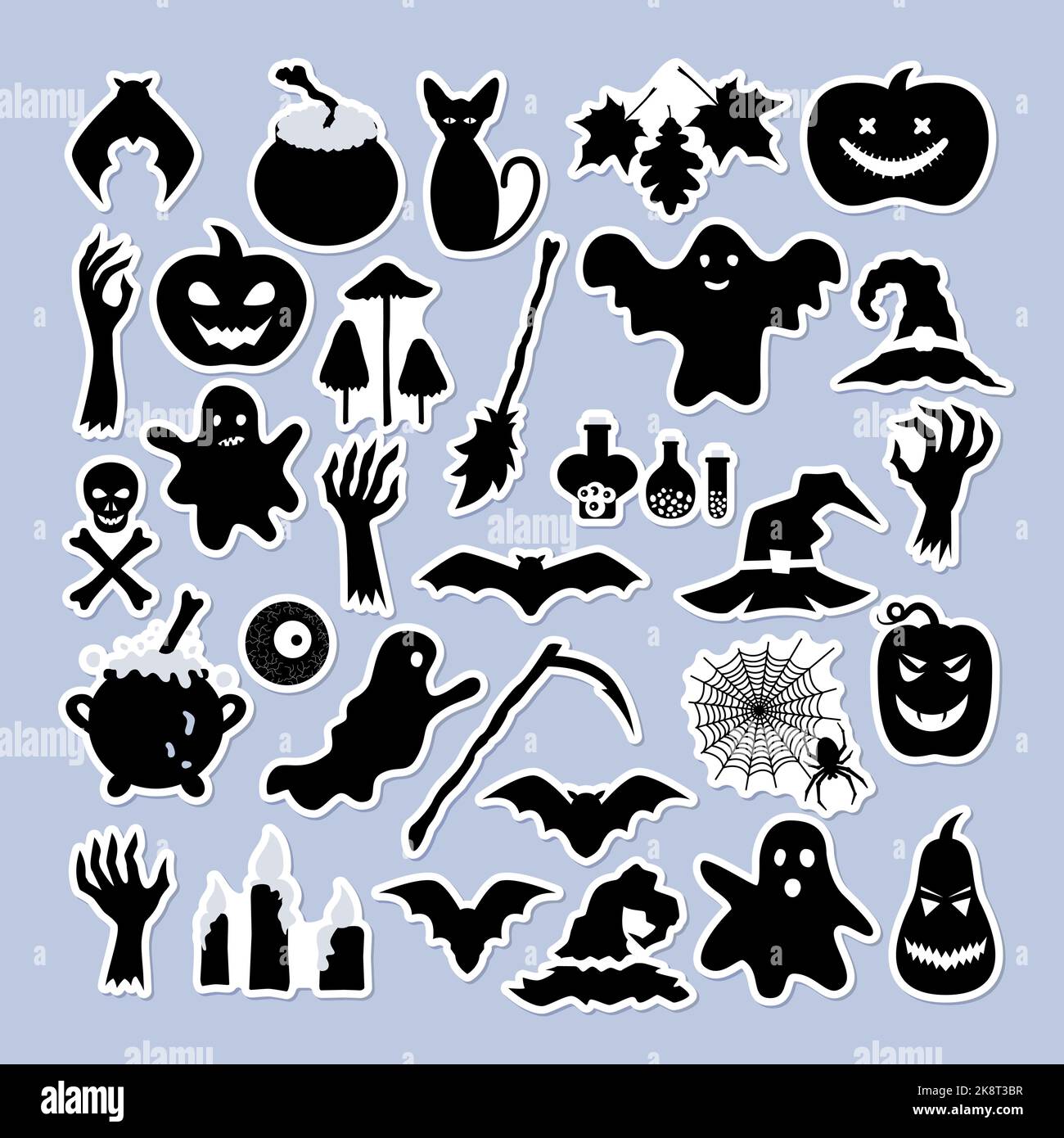 Ein Set schwarzer Element Aufkleber für Halloween. Stock Vektor