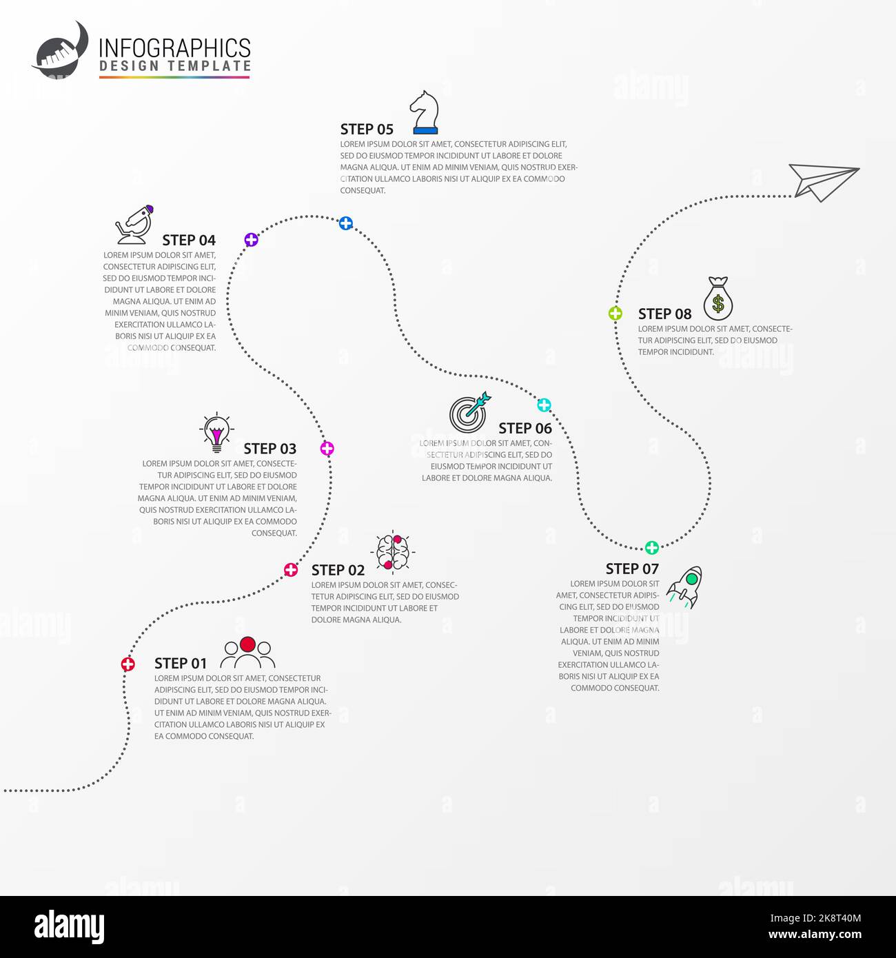Infografik-Design-Vorlage. Timeline-Konzept mit 8 Schritten. Kann für Workflow-Layout, Diagramm, Banner, webdesign verwendet werden. Vektorgrafik Stock Vektor