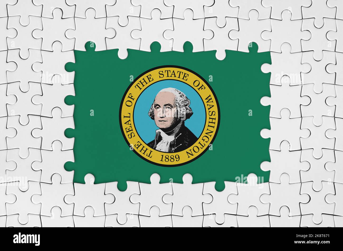 Washington US-Staatsflagge im Rahmen von weißen Puzzleteilen mit fehlenden zentralen Teilen Stockfoto