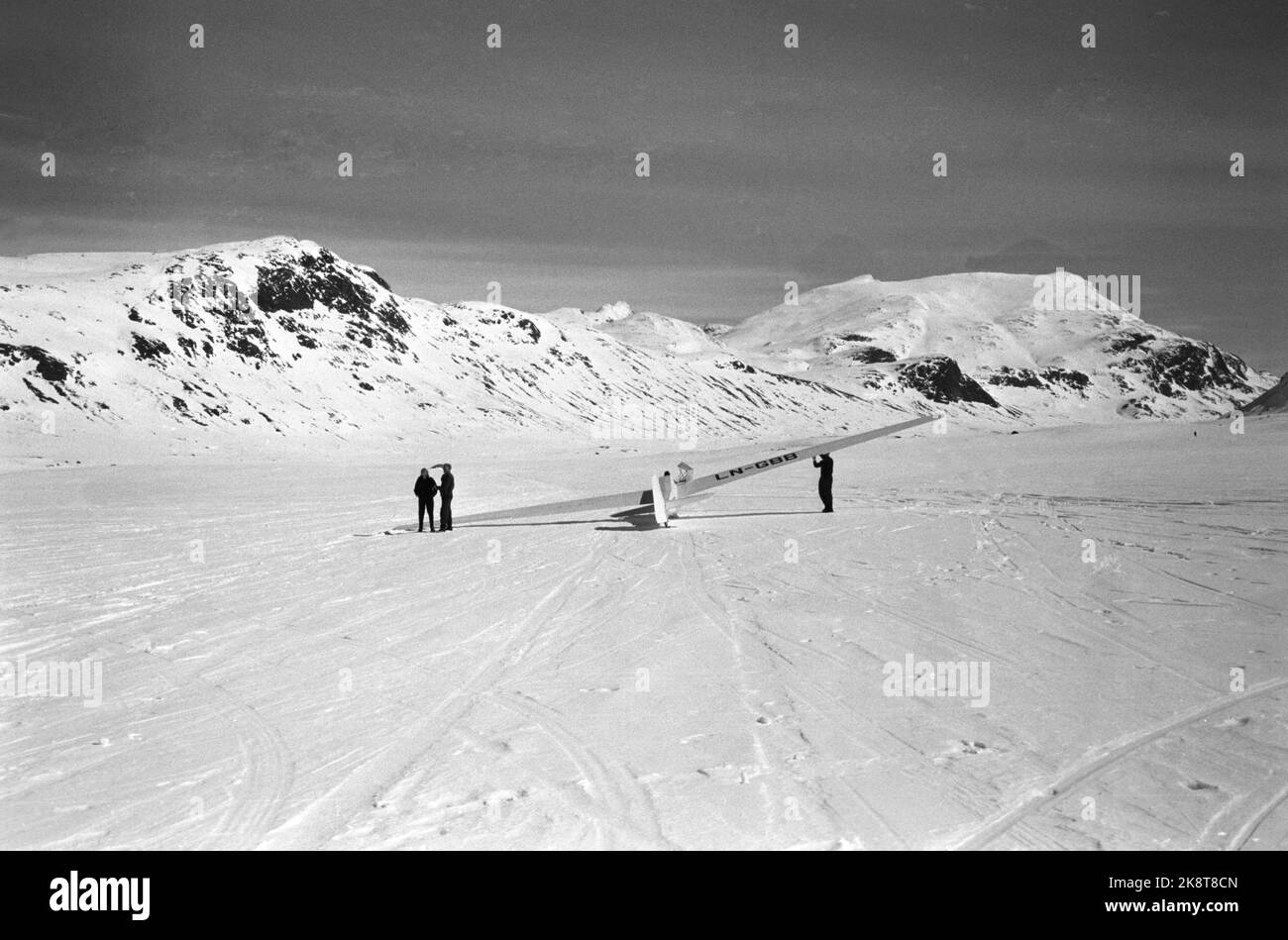 Eidsbugarden, Jotunheimen, 6. Mai 1961. Fünf Segelflugzeuge genießen sich in der Bergwelt. Zwei von ihnen landen auf dem Uranos-Gletscher, als die ersten Segelflugzeuge jemals auf einem Gletscher landeten. Als erster landet der dänische Möbelpolsterer Robert Nielsen aus Silkeborg. Der Norweger Bakkasserer, Bjarne Bergsund landet auf Platz 2. Ein Segelflugzeug wartet darauf, hochgezogen zu werden. Foto; Ivar Aaserud / NTB Stockfoto