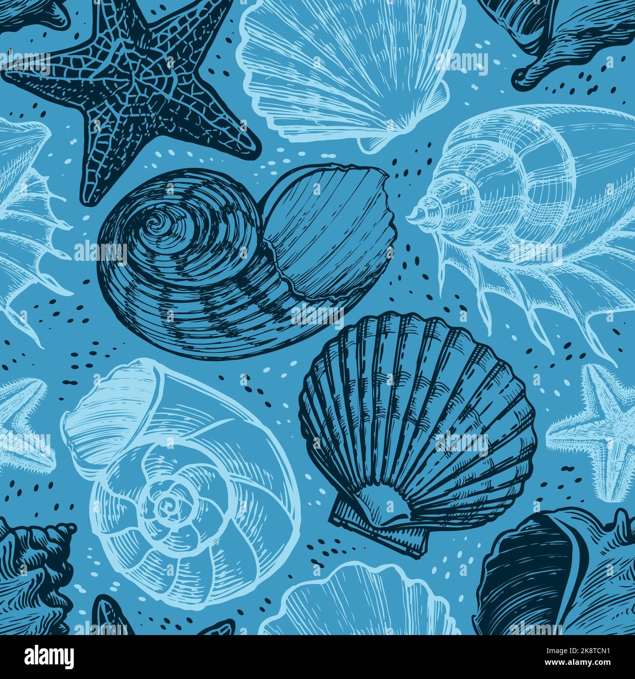 Seashell Nahtloses Muster. Sommerurlaub Meereshintergrund. Unterwasser-Ziertapete mit Muscheln und Sand Stock Vektor
