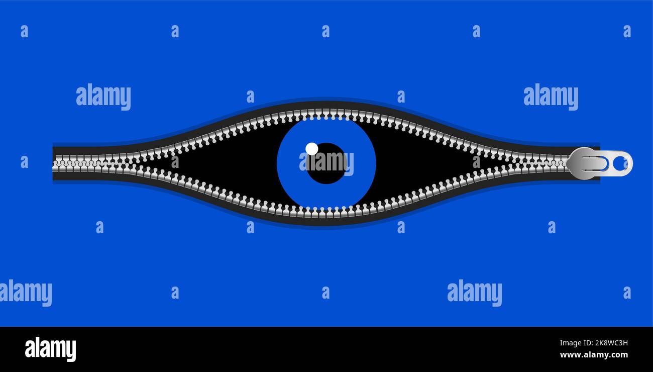 Blaues Auge. Offenes Reißverschluss-Konzept. Vektorgrafik. Stock Vektor