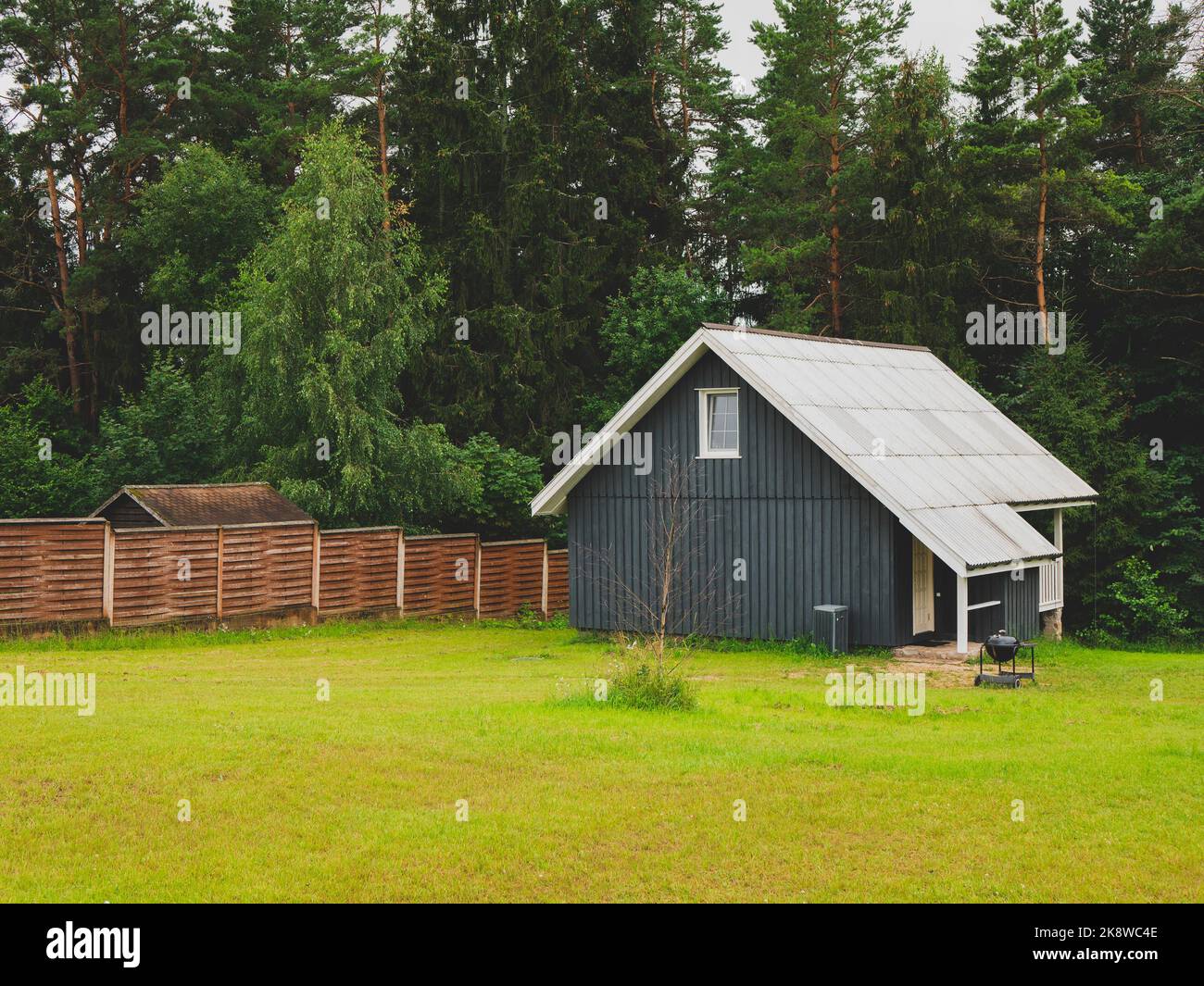 Malerische nordische Landschaft mit einem Holzhaus im skandinavischen Stil und einem vorderen Grasgrundstück. Konzept von Einfachheit, Ruhe, Harmonie Stockfoto