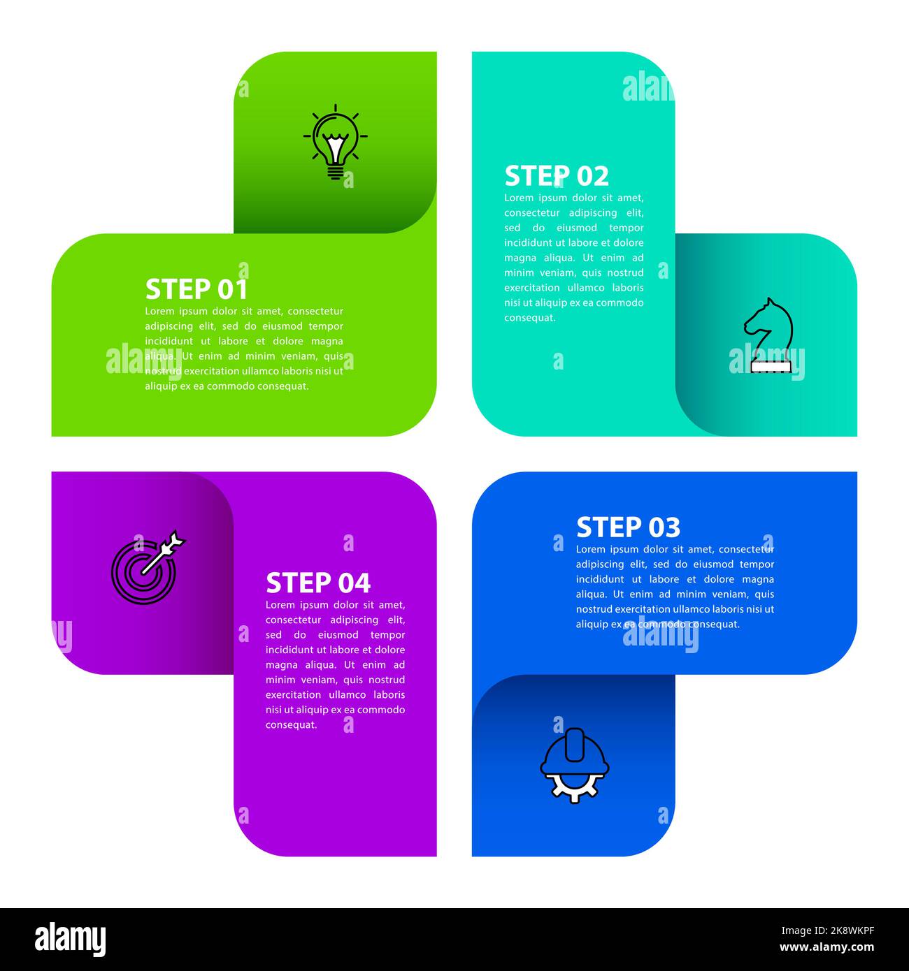 Infografik-Vorlage mit Symbolen und 4 Optionen oder Schritten. Kreuz. Kann für Workflow-Layout, Diagramm, Banner, webdesign verwendet werden. Vektorgrafik Stock Vektor