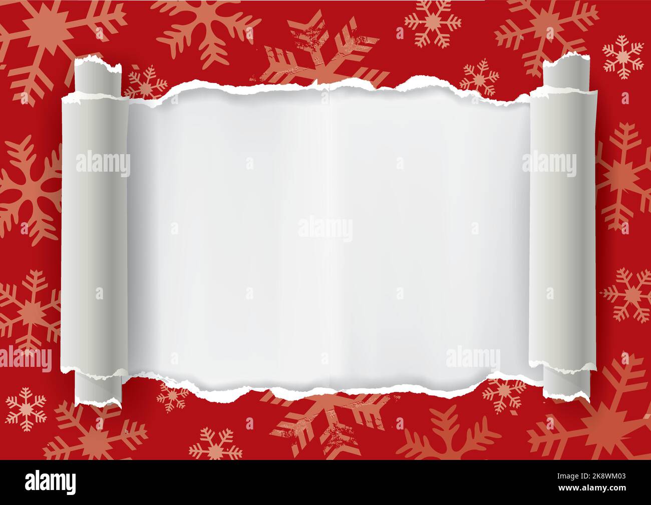 Zerrissenes weihnachtspapier, roter Rahmen, Bannervorlage. Schneeflocken Hintergrund mit zerrissenem Papier. Platzieren Sie Ihren Text oder Ihr Bild. Vektor verfügbar. Stock Vektor