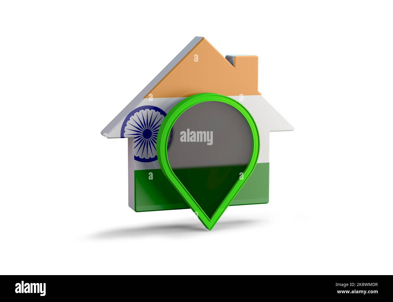 3D Abbildung eines Hauses mit der indischen Flagge und einer Ortsnadel Stockfoto