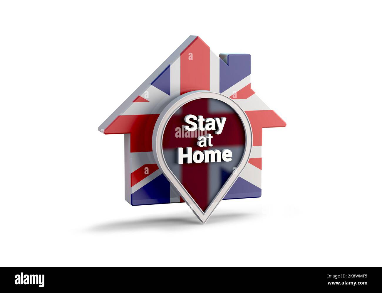 Eine Illustration von 3D eines Hauses mit der Flagge des Vereinigten Königreichs mit der Phrase Stay at Home, Protect from Coronavirus or Covid-19 Epidemien. Stockfoto