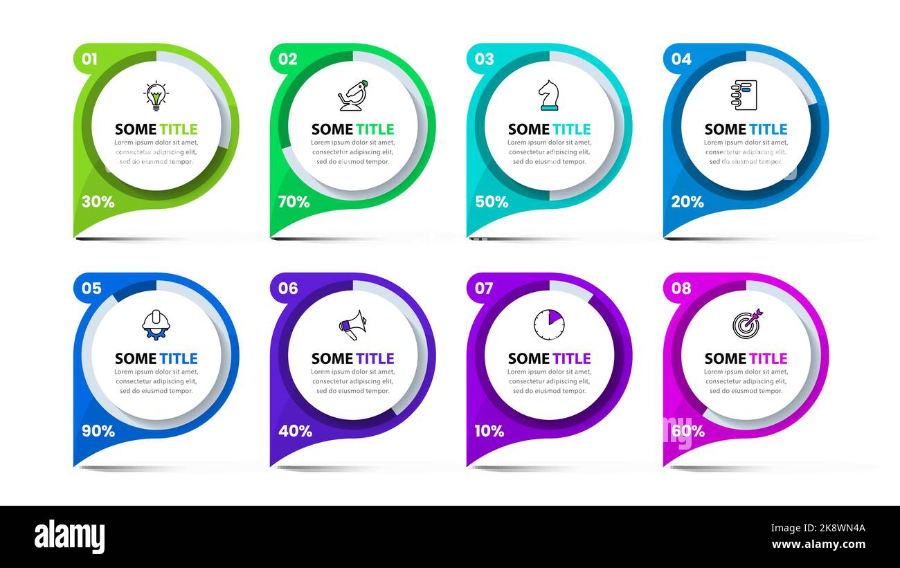 Infografik-Vorlage mit Symbolen und 8 Optionen oder Schritten. Kreise. Kann für Workflow-Layout, Diagramm, Banner, webdesign verwendet werden. Vektorgrafik Stock Vektor