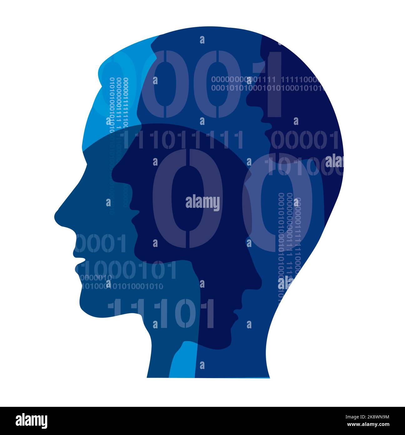 Männer mit Binärcodes, Computerexperten. Blaue Illustration von stilisierten männlichen Köpfen Silhouetten von jungen Männern, Programmierer.Vektor verfügbar. Stock Vektor