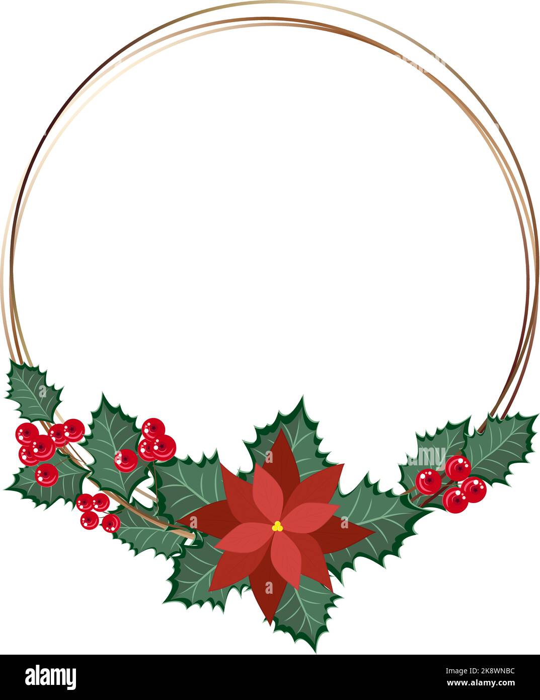 Weihnachtskranz mit roten Beeren und Weihnachtsstern. Weihnachtsrahmen für Ihr Design. Vektorgrafik. Stock Vektor