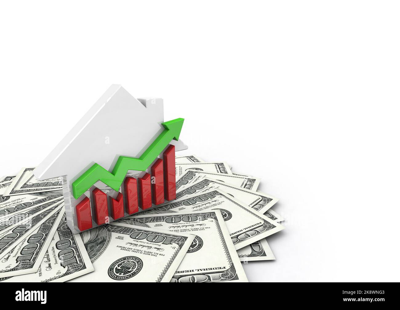 3D Illustration eines Hauses und Finanzcharts und Geld um es herum. Amerikanisches Geld. US-Dollar. 100 Dollar. Investitionen in Immobilien Stockfoto