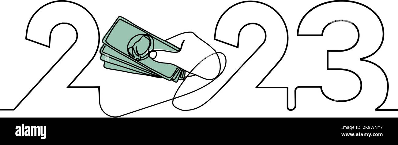 Das neue Jahr 2023 steht vor der Tür. Kontinuierliche eine Linie Zeichnung des neuen Jahres Zeichen auf Hintergrund glückliches neues Jahr Frohe Weihnachten. Vektorgrafik Stock Vektor