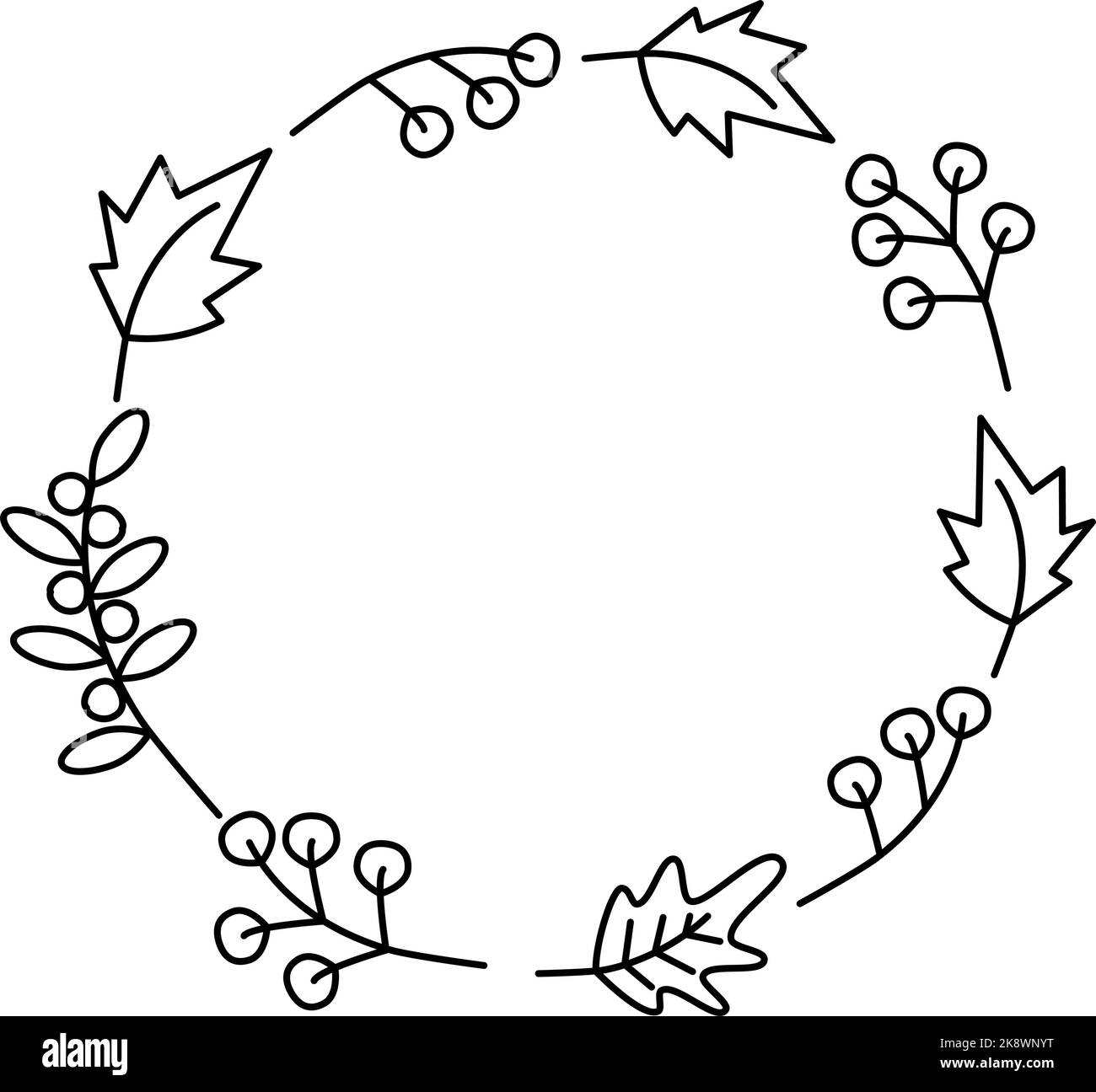 Umriss Rundrahmen aus Herbstpflanzen im minimalistischen Stil. Linienkunst. Vorlage für Schriftzug, Karte. Copyspace. Isolieren. Vektor. EPS Design für Print Grüße, Hemd, Banner, Poster, Preisschild, Etikett Stock Vektor