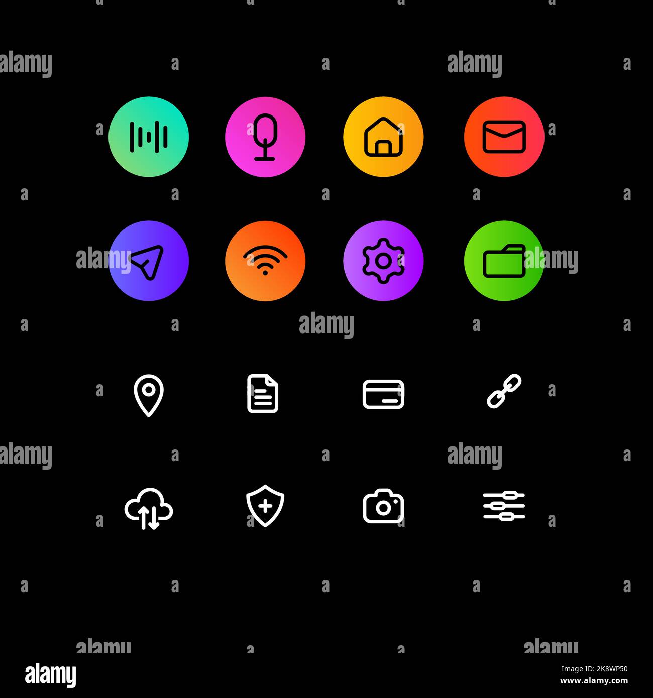 Riesige Reihe von Social Media-Symbolen. Tasten der Benutzeroberfläche in minimalistischem, farbenfrohem Design auf schwarzem Hintergrund. Internetverbindung, Einstellungen, Geolokalisierung, Nachricht und etc. Web-Element für Mobile App Vektorgrafik Stock Vektor