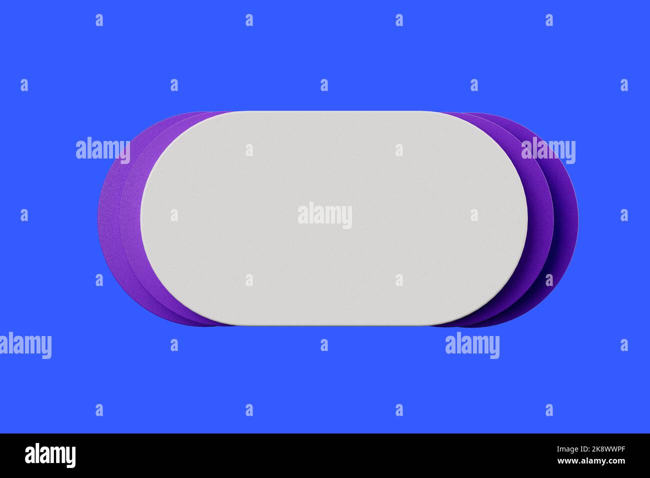 Weiße leere Tablette und strukturierte violette Kreisformen 3D Render. Stockfoto