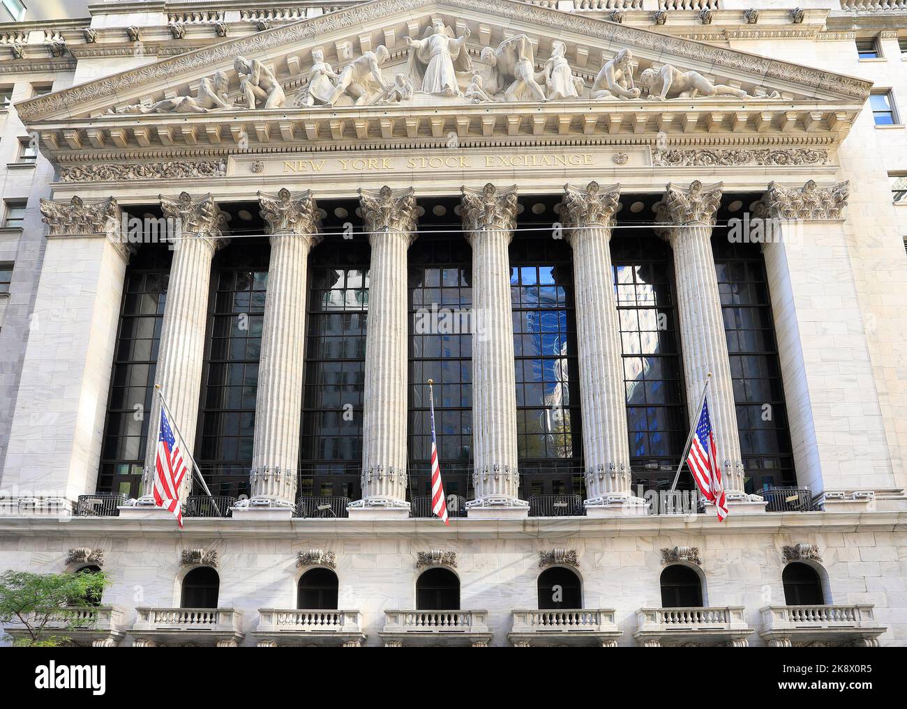 New York Stock Exchange an der Wall Street, Lower Manhattan. Sie ist nach Marktkapitalisierung die größte Börse der Welt. Stockfoto
