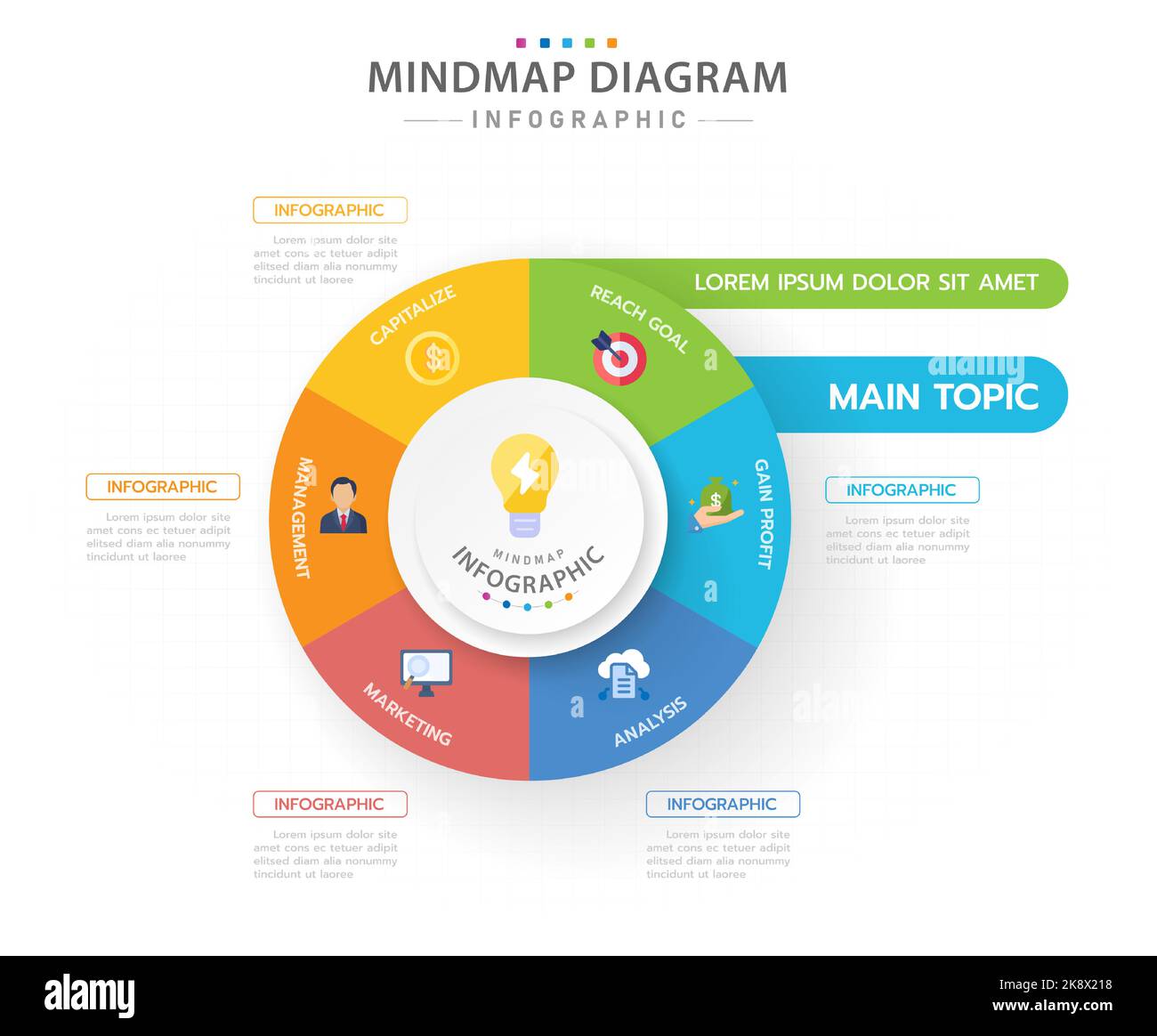 Infografik-Vorlage für Unternehmen. 6 Schritte modernes Mindmap-Diagramm mit Kreisen und Thementiteln, Präsentationsvektor-Infografik. Stock Vektor