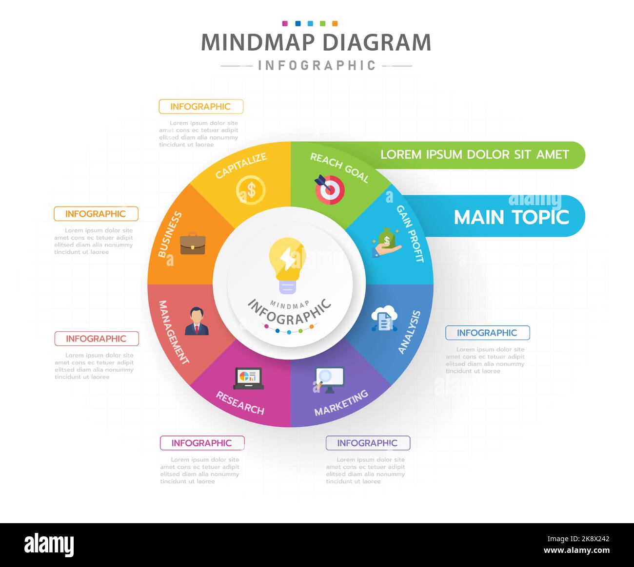Infografik-Vorlage für Unternehmen. 8 Schritte modernes Mindmap-Diagramm mit Kreisen und Thementiteln, Präsentationsvektor-Infografik. Stock Vektor