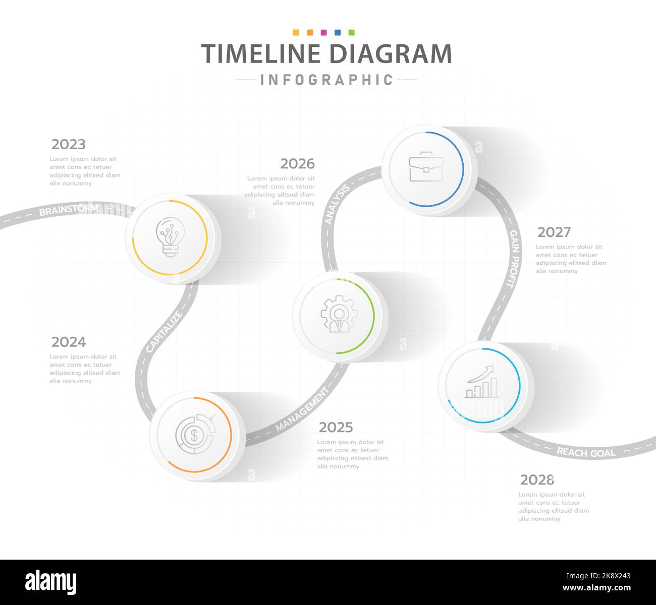 Infografik-Vorlage für Unternehmen. 5 Schritte moderner Timeline 