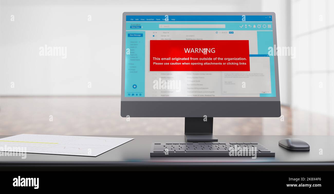 E-Mail-Warnmeldung auf einem Computerbildschirm. Vorsicht beim Öffnen von Anhängen und Klicken auf Links. Cyber-Sicherheitskonzept. 3D Rendern Stockfoto