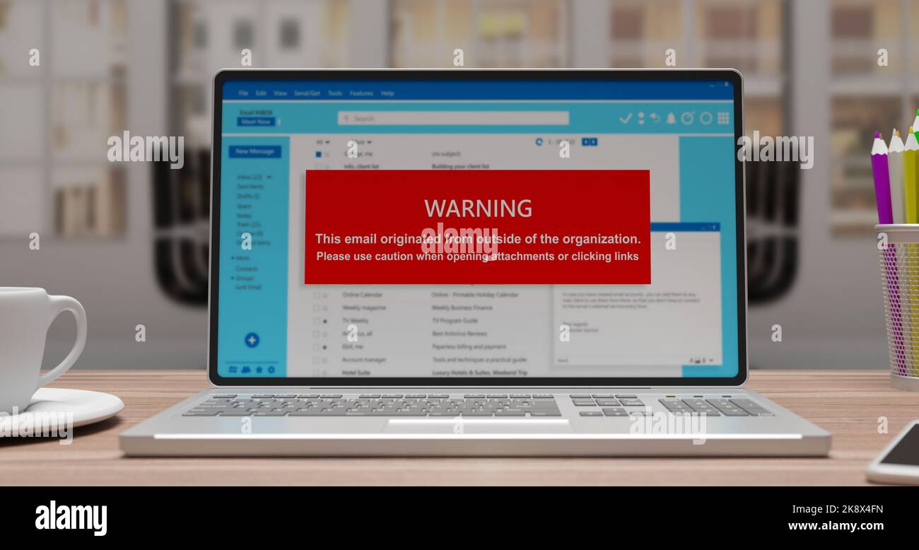 Cyber-Sicherheitskonzept. E-Mail-Warnmeldung auf einem Laptop-Bildschirm. Vorsicht beim Öffnen von Anhängen und Klicken auf Links. 3D Rendern Stockfoto