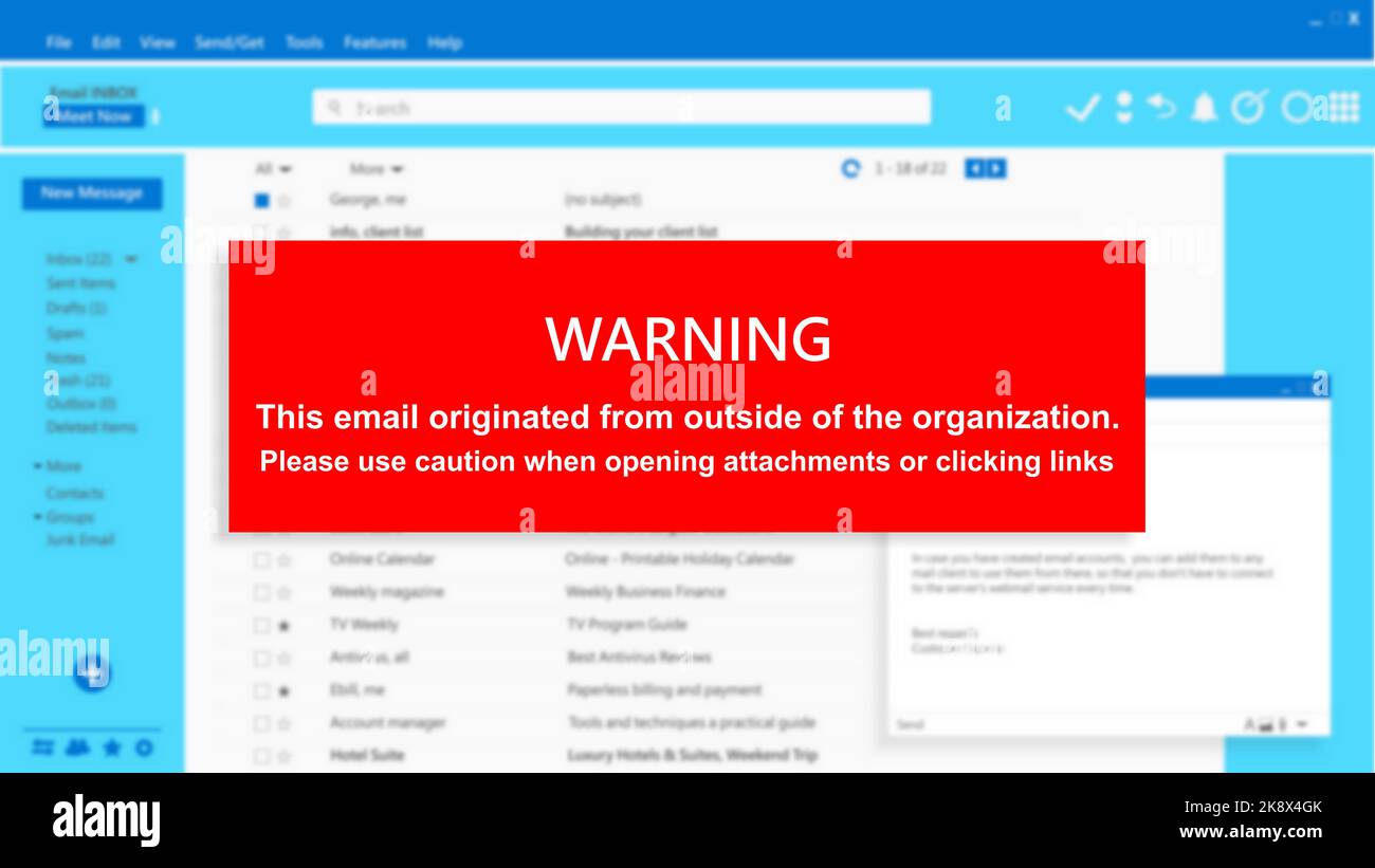 E-Mail-Warnmeldung. Cyber-Sicherheitskonzept. Vorsicht beim Öffnen von Anhängen und Klicken auf Links. Computervirus und Virenschutz. Abbildung Stockfoto